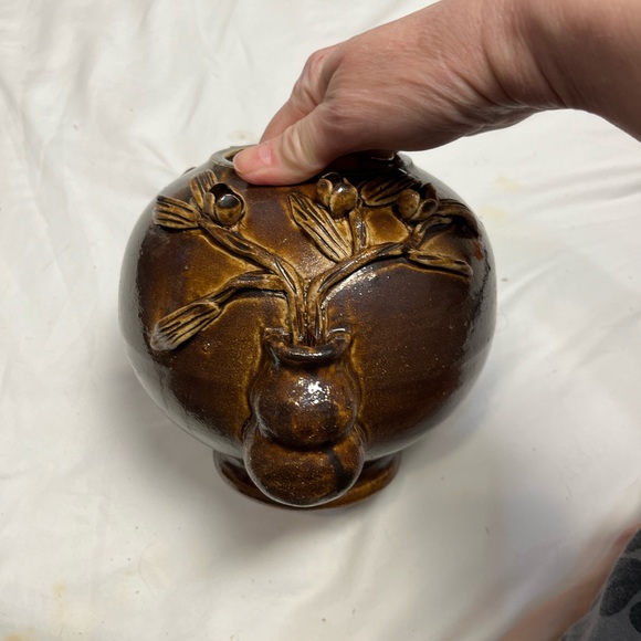 RARE Japanese clay pot with relief lotus branches; glazed; hand thrown;ANTIQUE - Picture 5 of 15